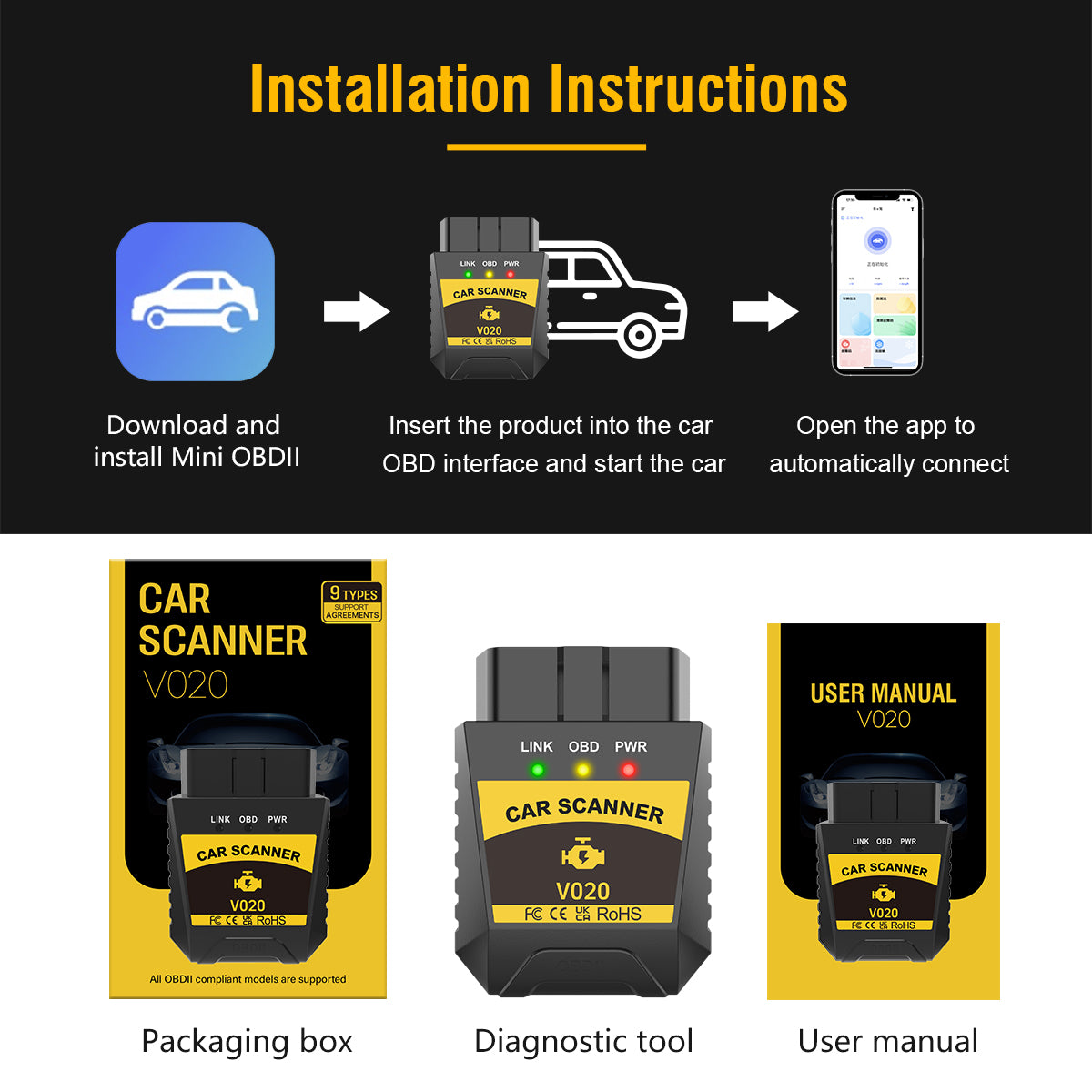 V020 Mini Portable Bluetooth OBD2 Code Reader for Car Diagnostics