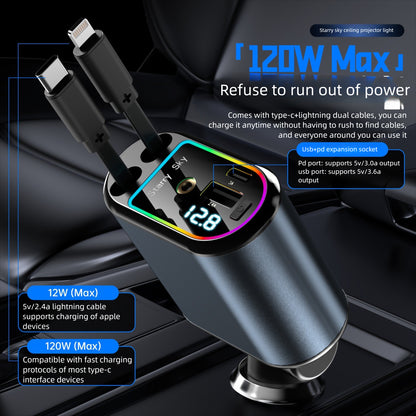 C9 Starlight Roof 120W Retractable Car Charger with Digital Display