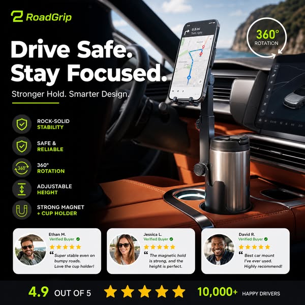 Car Cup Holder Phone Mount – 360° Adjustable