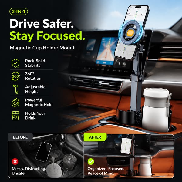 Car Cup Holder Phone Mount – 360° Adjustable