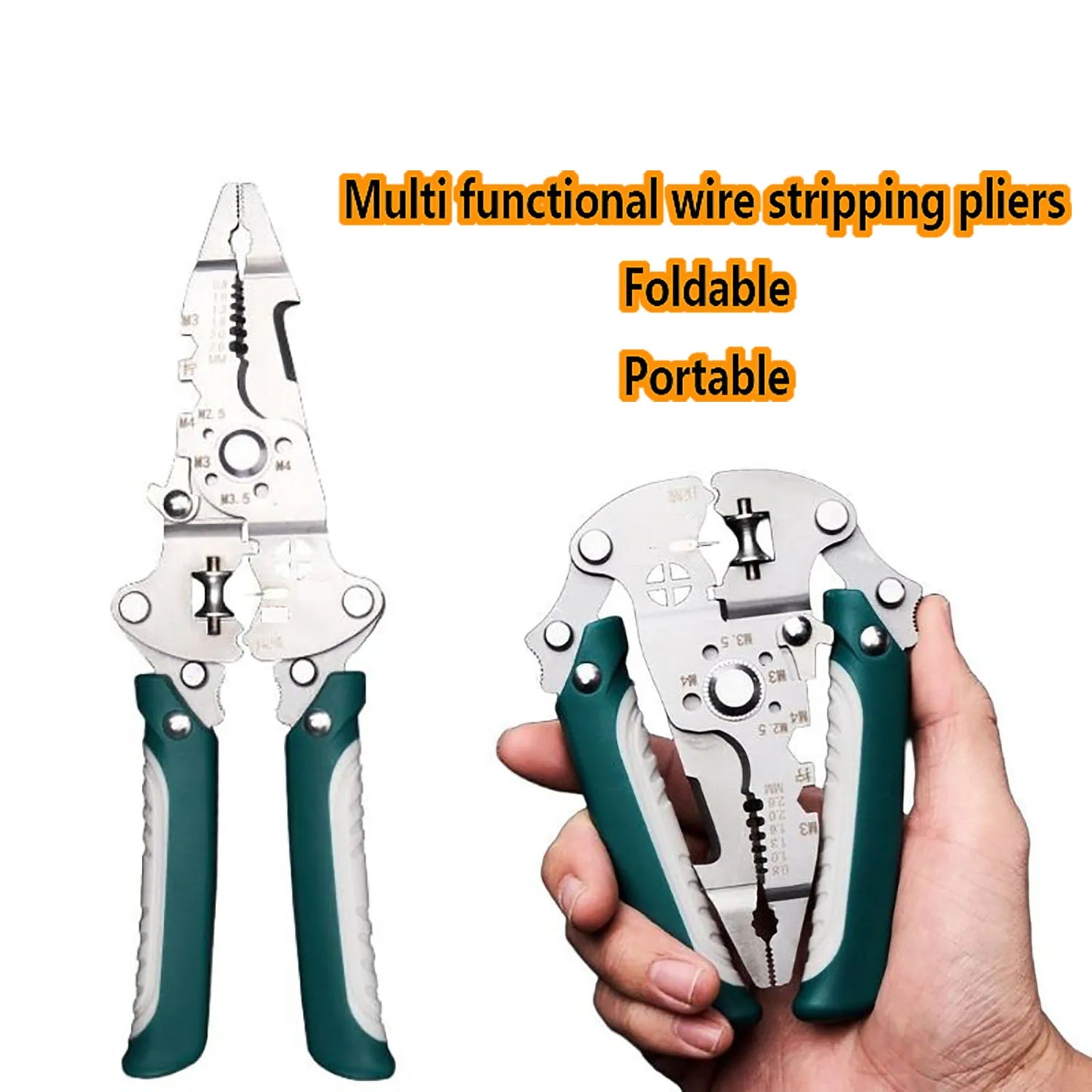 Foldable multifunctional wire stripper and wire winding pliers, hand tool